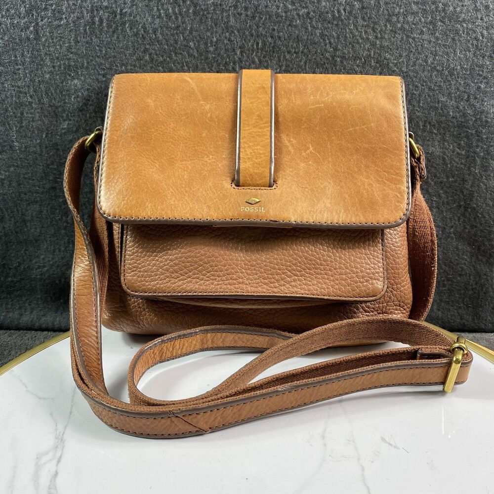 Fossil Kinley Brown Pebbled Leather Crossbody Bag Medium Satchel Brass Hardware